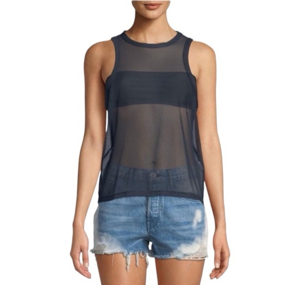 3x1 Sheer Navy Blue Mesh Muscle Tank Top (Medium)
